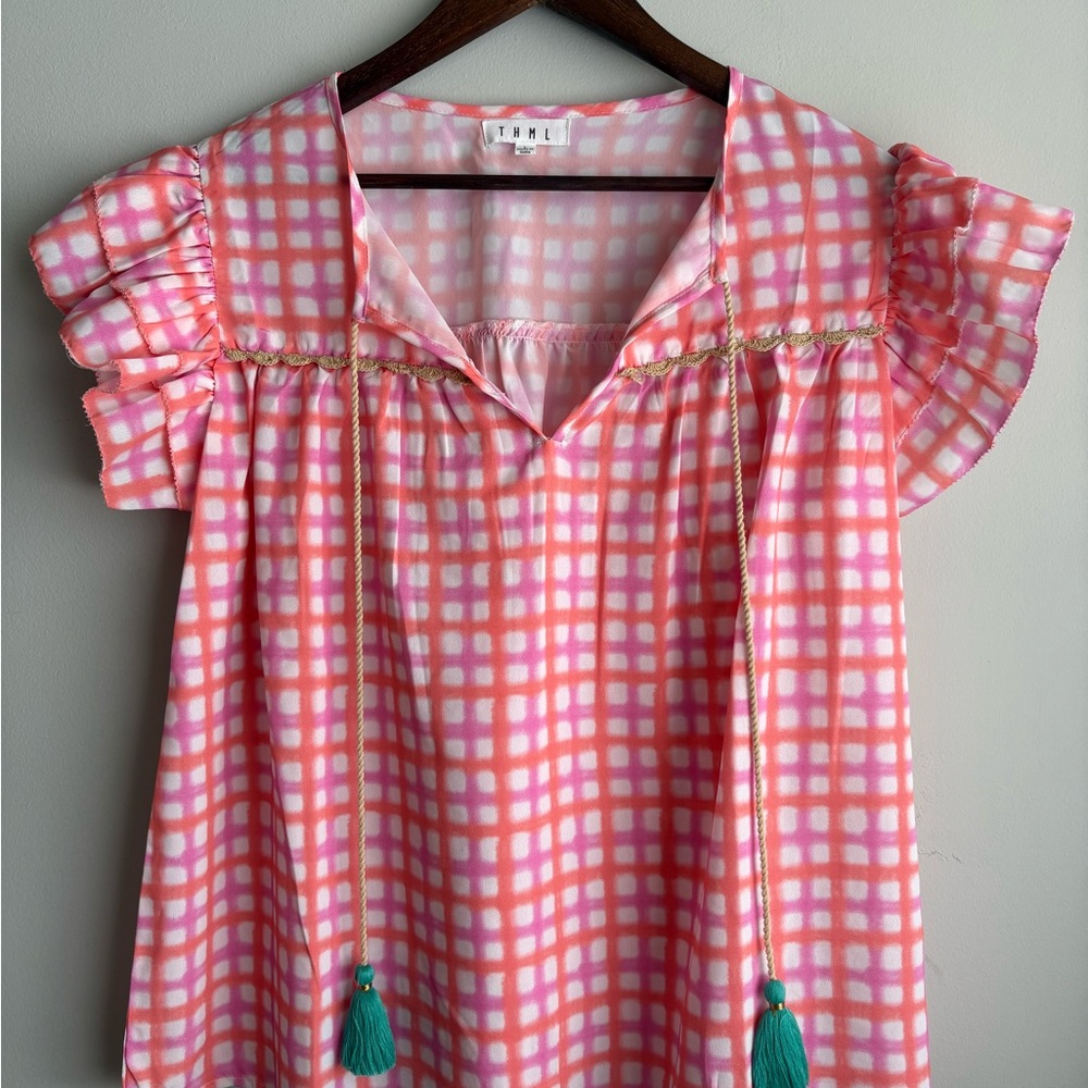 THML Pink Gingham Tassel Tie Spring Blouse Boho Ruffle Sleeve Top Size Large
